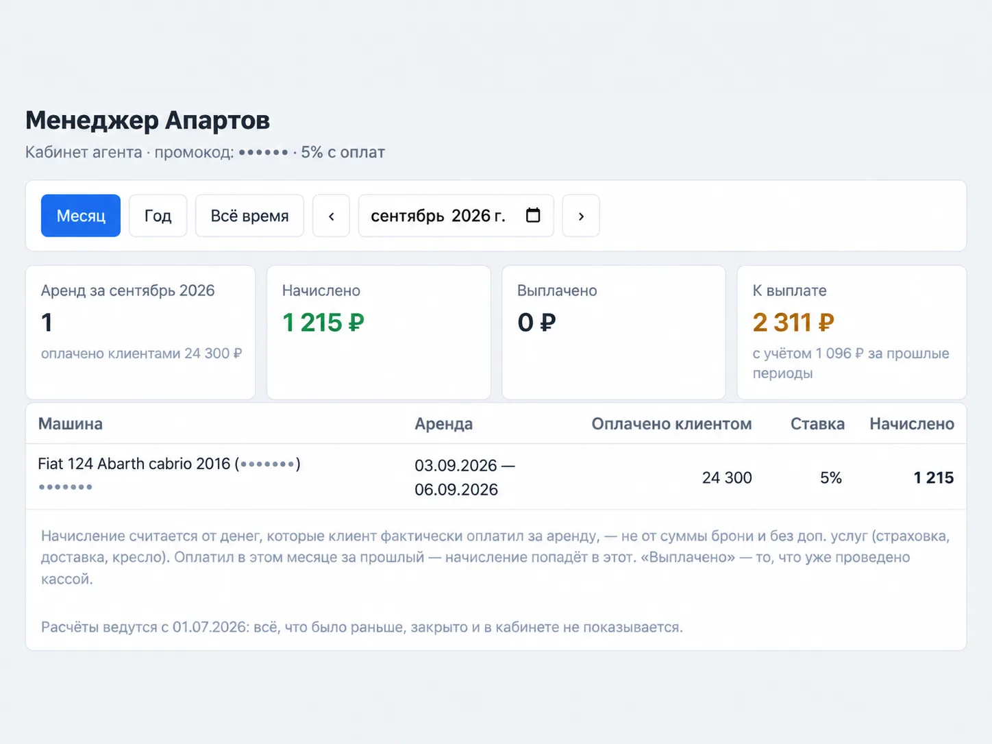 Кабинет агента в RentDesk: аренды по промокоду, начислено, выплачено и остаток к выплате