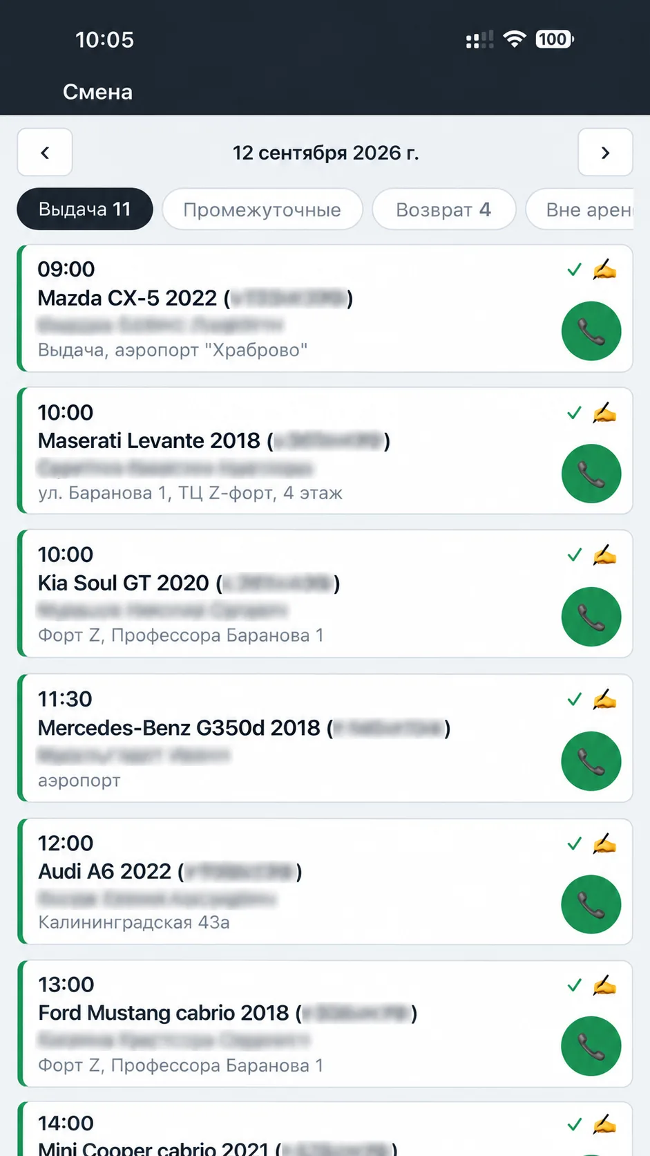 Мобильді RentDesk-тегі ауысым: күнге арналған берулер мен қайтарулар тізімі, қонаққа бір рет басып қоңырау шалу